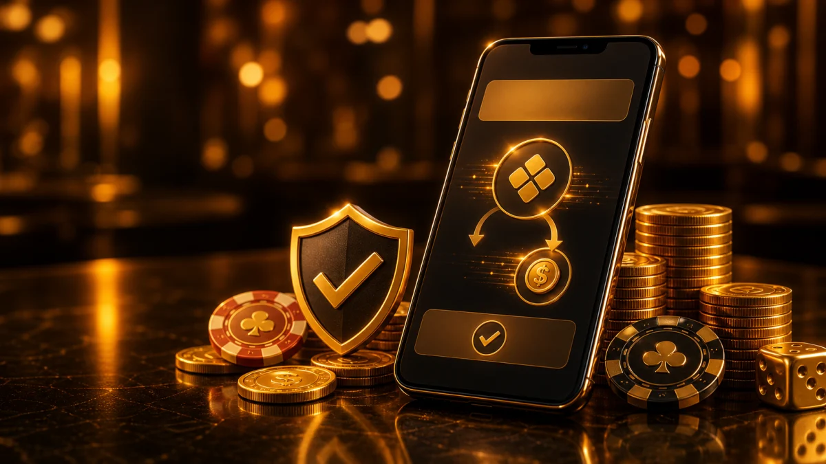 Smartphone com pagamento instantâneo genérico, moedas e fichas em ambiente dourado profissional